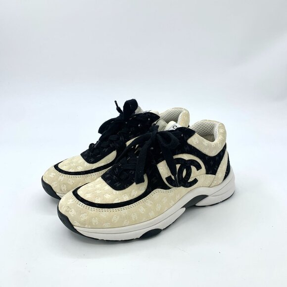 Chanel Ivory & Black Lace-Up Sneakers With Logo Pattern & Original Box - Picture 1 of 9